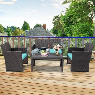 Tangkula 8PCS Outdoor Patio Furniture Sets Weather-Resistant Rattan Sofas W/ Soft Cushion Turquoise 5 Tangkula 8PCS Outdoor Patio Furniture Sets Weather-Resistant Rattan Sofas W/ Soft Cushion Turquoise - Image 3