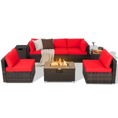 Costway 8PCS Patio Rattan Furniture Set Fire Pit Table Tank Holder Cover Deck Off White/Black/Navy/Red/Turquoise 14 Costway 8PCS Patio Rattan Furniture Set Fire Pit Table Tank Holder Cover Deck Off White/Black/Navy/Red/Turquoise - Image 12