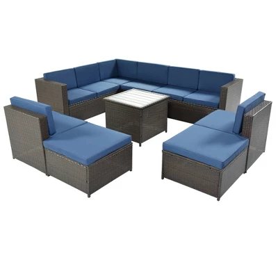 9pc Wicker Patio Sectional Seating Set With Cushions - Brown/Blue - GODEER 5 9pc Wicker Patio Sectional Seating Set With Cushions - Brown/Blue - GODEER - Image 3