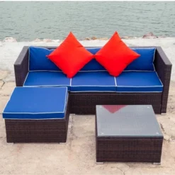 3pc Wicker Patio Sectional Seating Set With Cushions - Brown/Blue - GODEER -Sunnydaze Decor Store GUEST 487b898d 9755 4763 aaa5 e3a9a0838c22