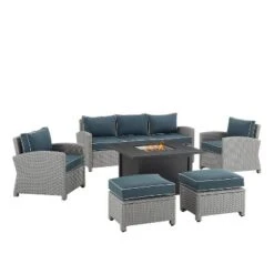 Bradenton 6pc Outdoor Wicker Sofa And Arm Chair Seating Set With Dante Fire Table And 2 Ottomans - Navy/Gray - Crosley -Sunnydaze Decor Store GUEST 48adff7a 4f9a 4b30 8211 7cb14cc23792