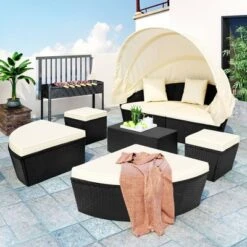 6pc Wicker Round Outdoor Sectional Set With Cushions - Black/Beige - GODEER -Sunnydaze Decor Store GUEST 4a1d96ff af7f 4aeb a691 c4c3d014e67e