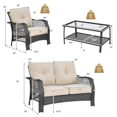 Costway 4PCS Patio Wicker Furniture Set Loveseat Sofa Coffee Table W/ Cushion 4 Costway 4PCS Patio Wicker Furniture Set Loveseat Sofa Coffee Table W/ Cushion - Image 2