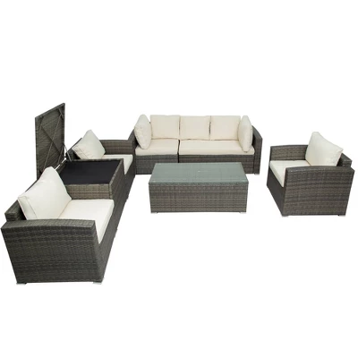 7pc Wicker Patio Seating Set With Cushions & Storage Box - Gray/Beige - GODEER 4 7pc Wicker Patio Seating Set With Cushions & Storage Box - Gray/Beige - GODEER - Image 2