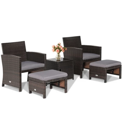 Costway 5PCS Patio Rattan Furniture Set Ottoman Cushioned W/Cover Space Saving Off White/Gray/Red/Turquoise 4 Costway 5PCS Patio Rattan Furniture Set Ottoman Cushioned W/Cover Space Saving Off White/Gray/Red/Turquoise - Image 2