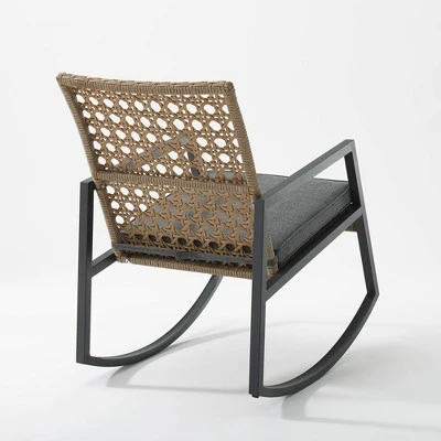 Komodo Modern Boho Faux Rattan & Metal Outdoor Rocking Chair With Cushion - Brown/Gray - Saracina Home 5 Komodo Modern Boho Faux Rattan & Metal Outdoor Rocking Chair With Cushion - Brown/Gray - Saracina Home - Image 3