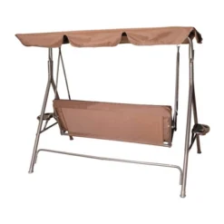 GOLDSUN 3 Person Outdoor Weather Resistant Patio Glider Swing Hammock W/ Utility Tray, Removable Cushion, & Canopy For Patio, Garden, Or Deck, Coffee