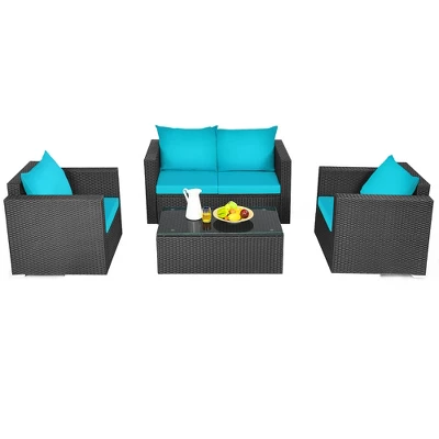 Costway 4PCS Patio Rattan Cushioned Sofa Chair Coffee Table Turquoise 10 Costway 4PCS Patio Rattan Cushioned Sofa Chair Coffee Table Turquoise - Image 8
