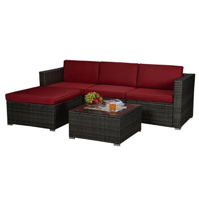5pc Rattan Wicker Outdoor Conversation Set - Gray/Red - GODEER 6 5pc Rattan Wicker Outdoor Conversation Set - Gray/Red - GODEER - Image 4