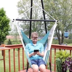 Sunnydaze Decor Sunnydaze Polyester Rope Hanging Caribbean-Style Hammock Chair Swing For Patio, Porch, Or Yard - Lagoon Stripes 13 Sunnydaze Decor Sunnydaze Polyester Rope Hanging Caribbean-Style Hammock Chair Swing For Patio, Porch, Or Yard - Lagoon Stripes -Sunnydaze Decor Store GUEST 56f5c225 b1e6 4693 89dd 409c3c4822f9