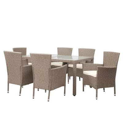 7pc Outdoor Wicker Dining Set With Cushions - Beige - GODEER 5 7pc Outdoor Wicker Dining Set With Cushions - Beige - GODEER - Image 3