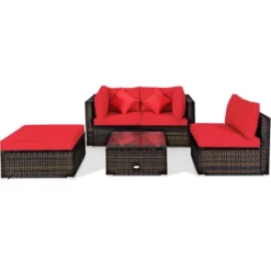 Costway 5PCS Outdoor Patio Rattan Furniture Set Sectional Conversation W/Red Cushions