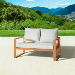 Grafton Eucalyptus 2 Seat Outdoor Bench With Cushions - Gray/Natural - Alaterre Furniture