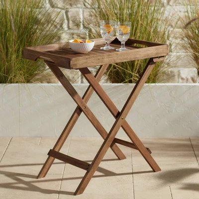 Teal Island Designs Farmhouse Rustic Acacia Wood Rectangular Outdoor Folding Table 27" X 18" Natural Brown Slat Tray Tabletop For Spaces Patio Balcony 3 Teal Island Designs Farmhouse Rustic Acacia Wood Rectangular Outdoor Folding Table 27" X 18" Natural Brown Slat Tray Tabletop For Spaces Patio Balcony
