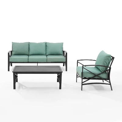Kaplan 3pc Outdoor Sofa Set With Sofa & Arm Chair With Coffee Table - Mist - Crosley 3 Kaplan 3pc Outdoor Sofa Set With Sofa & Arm Chair With Coffee Table - Mist - Crosley