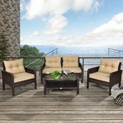 Costway 4PCS Patio Rattan Furniture Set Loveseat Sofa Coffee Table Sofa W/Cushion Garden -Sunnydaze Decor Store GUEST 5ef30280 2fd6 44e5 b45c 0989ab5fd99a