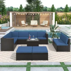 9pc Wicker Patio Sectional Seating Set With Cushions - Brown/Blue - GODEER