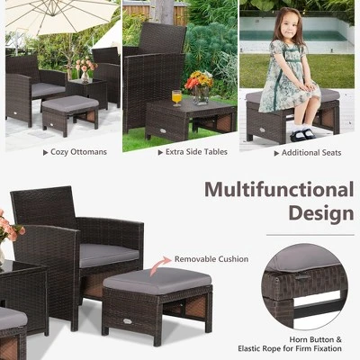 Costway 5PCS Patio Rattan Furniture Set Ottoman Cushioned W/Cover Space Saving Off White/Gray/Red/Turquoise 9 Costway 5PCS Patio Rattan Furniture Set Ottoman Cushioned W/Cover Space Saving Off White/Gray/Red/Turquoise - Image 7