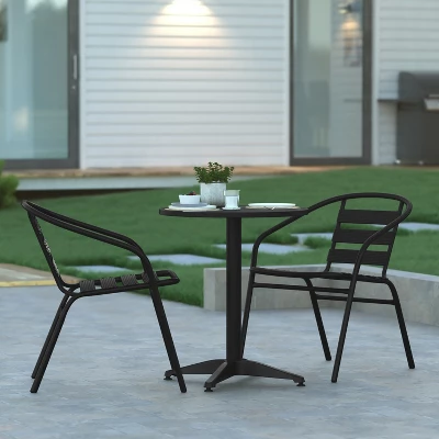 Emma And Oliver 23.5'' Round Aluminum Indoor-Outdoor Table Set With 2 Slat Back Chairs 3 Emma And Oliver 23.5'' Round Aluminum Indoor-Outdoor Table Set With 2 Slat Back Chairs
