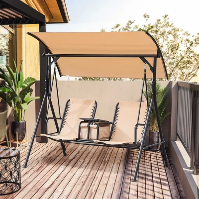 Outsunny 2 Person Covered Porch Swing With Pivot Storage Table, Cup Holder, & Adjustable Overhead Canopy 4 Outsunny 2 Person Covered Porch Swing With Pivot Storage Table, Cup Holder, & Adjustable Overhead Canopy - Image 2