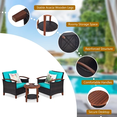 Tangkula 3-Piece Patio Rattan Bistro Set Acacia Wood Frame Sofa And Side Table 10 Tangkula 3-Piece Patio Rattan Bistro Set Acacia Wood Frame Sofa And Side Table - Image 8