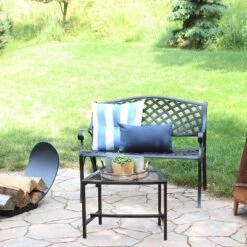 Sunnydaze Decor Sunnydaze 2-Person Checkered Design Cast Aluminum Outdoor Patio Bench, Black -Sunnydaze Decor Store GUEST 64b6f49a bf21 4455 ad5d 9d901c1c76de