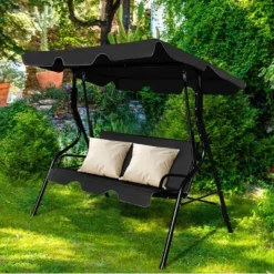 Costway Patio 3 Seats Canopy Swing Glider Hammock Cushioned Steel Frame Outdoor