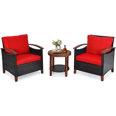 Tangkula 3-Piece Patio Rattan Bistro Set Acacia Wood Frame Sofa And Side Table 14 Tangkula 3-Piece Patio Rattan Bistro Set Acacia Wood Frame Sofa And Side Table - Image 12