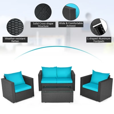 Costway 4PCS Patio Rattan Cushioned Sofa Chair Coffee Table Turquoise 9 Costway 4PCS Patio Rattan Cushioned Sofa Chair Coffee Table Turquoise - Image 7