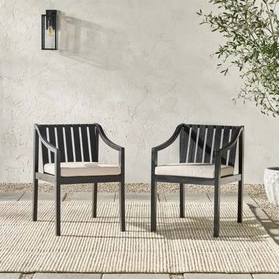 Saracina Home 2pk Mid-Century Modern Slatted Outdoor Acacia Arm Chairs With Cushions 4 Saracina Home 2pk Mid-Century Modern Slatted Outdoor Acacia Arm Chairs With Cushions - Image 2