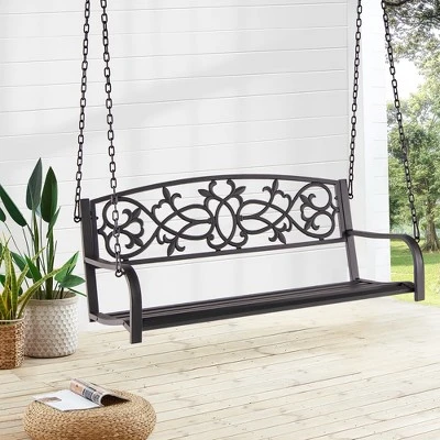 Costway 2-Person Metal Outdoor Porch Swing Hanging Patio Bench 485 Lbs Capacity BlackBrown 13 Costway 2-Person Metal Outdoor Porch Swing Hanging Patio Bench 485 Lbs Capacity BlackBrown - Image 11