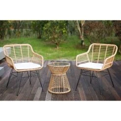 3pc Wicker Bistro Set - Brown/Beige - GODEER -Sunnydaze Decor Store GUEST 6bb3a15e 6a35 4ab8 a927 f91b00c622da