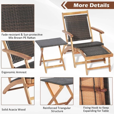 Costway 4PCS Patio Rattan Folding Lounge Chair Table Acacia Wood WithRetractable Footrest 10 Costway 4PCS Patio Rattan Folding Lounge Chair Table Acacia Wood WithRetractable Footrest - Image 8