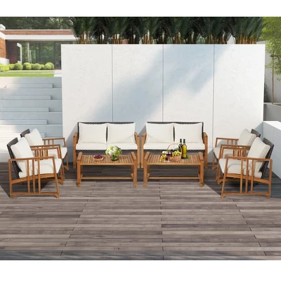Costway 8PCS Patio Mix Brown Wicker Sofa Set Acacia Wood Frame With Seat & Back Cushions 3 Costway 8PCS Patio Mix Brown Wicker Sofa Set Acacia Wood Frame With Seat & Back Cushions