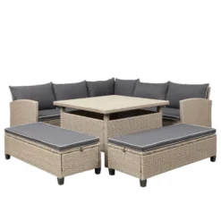 6pc Wicker Patio Set With Benches - Brown/Gray - GODEER 23 6pc Wicker Patio Set With Benches - Brown/Gray - GODEER -Sunnydaze Decor Store GUEST 6e661c15 7650 4090 987d 681896c146ea