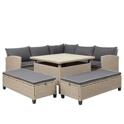 6pc Wicker Patio Set With Benches - Brown/Gray - GODEER 7 6pc Wicker Patio Set With Benches - Brown/Gray - GODEER - Image 5