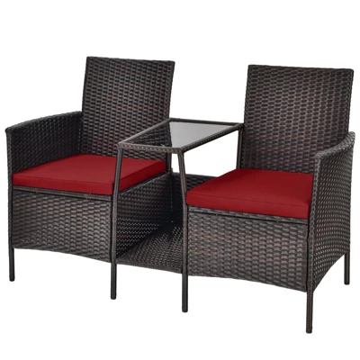 Tangkula Patio Loveseat 2 Person Cushioned Seats With Center Table Outdoor Rattan Furniture Set Turquoise/ Red 10 Tangkula Patio Loveseat 2 Person Cushioned Seats With Center Table Outdoor Rattan Furniture Set Turquoise/ Red - Image 8