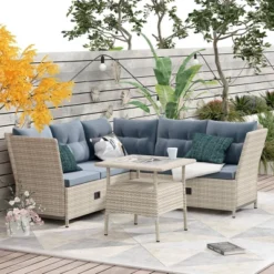 4pc Wicker Adjustable Patio Seating Set With Cushions - Natural/Gray - GODEER