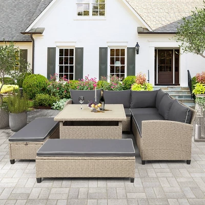 6pc Wicker Patio Set With Benches - Brown/Gray - GODEER 3 6pc Wicker Patio Set With Benches - Brown/Gray - GODEER