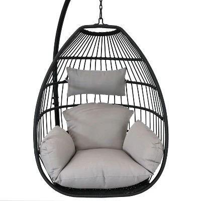Sunnydaze Decor Sunnydaze Outdoor Resin Wicker Patio Delaney Hanging Basket Egg Chair With Cushions, Headrest, And Steel Stand Set - Gray - 3pc 6 Sunnydaze Decor Sunnydaze Outdoor Resin Wicker Patio Delaney Hanging Basket Egg Chair With Cushions, Headrest, And Steel Stand Set - Gray - 3pc - Image 4