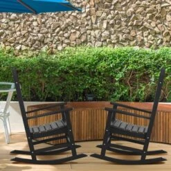 Outsunny 2 Pc Outdoor Rocking Chair, Traditional Slatted Porch Rocker With Armrests, Waterproof HDPE, Black