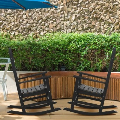 Outsunny 2 Pc Outdoor Rocking Chair, Traditional Slatted Porch Rocker With Armrests, Waterproof HDPE, Black 3 Outsunny 2 Pc Outdoor Rocking Chair, Traditional Slatted Porch Rocker With Armrests, Waterproof HDPE, Black