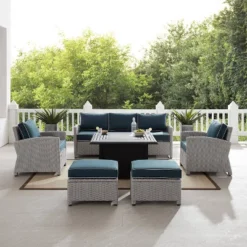 Bradenton 6pc Outdoor Wicker Sofa And Arm Chair Seating Set With Dante Fire Table And 2 Ottomans - Navy/Gray - Crosley -Sunnydaze Decor Store GUEST 731ca293 697c 4564 8769 864dcd17bc5f