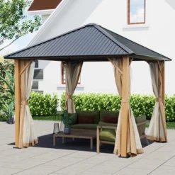 Aoodor Wood Grain Aluminum Gazebo Hardtop Black Steel Roof With Curtain&Netting -Sunnydaze Decor Store GUEST 75bd9461 89cd 4c6d 9f9d 082a2d64ef9f