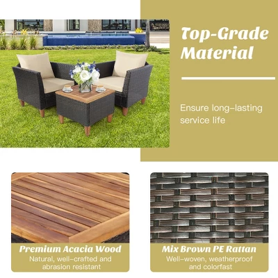 Costway 3PCS Patio Wicker Rattan Sofa Set Furniture Outdoor Acacia Wood Conversation 8 Costway 3PCS Patio Wicker Rattan Sofa Set Furniture Outdoor Acacia Wood Conversation - Image 6