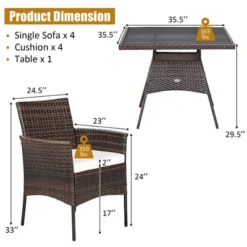 Costway 5PCS Patio Rattan Dining Furniture Set Armrest Sofa Chair Glass Table
