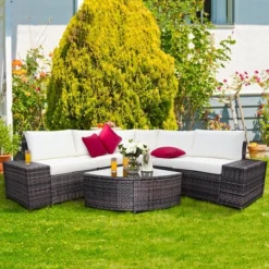 Costway 6PCS Rattan Furniture Set Conversation Cushioned Sofa Armrest Garden TurquoiseWhite -Sunnydaze Decor Store GUEST 7978489e a1b6 4bd9 849f 3b946b489e7a