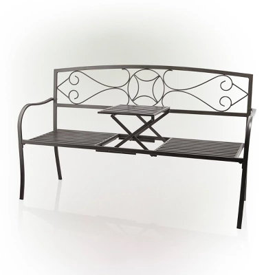 Metal Garden Bench With Retractable Table Black - Alpine Corporation 4 Metal Garden Bench With Retractable Table Black - Alpine Corporation - Image 2