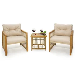 Costway 3PCS Patio PE Wicker Conversation Set Acacia Wood Frame WithSeat & Back Cushions -Sunnydaze Decor Store GUEST 7ba25f43 89b6 4955 8234 ec984314fc7e