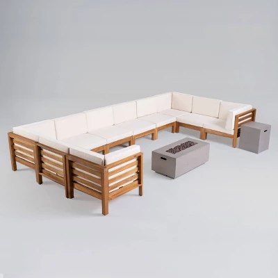 Oana 12pc Acacia U-Shaped Sectional Sofa Set With Fire Pit - Teak/Beige And Light Gray - Christopher Knight Home 3 Oana 12pc Acacia U-Shaped Sectional Sofa Set With Fire Pit - Teak/Beige And Light Gray - Christopher Knight Home